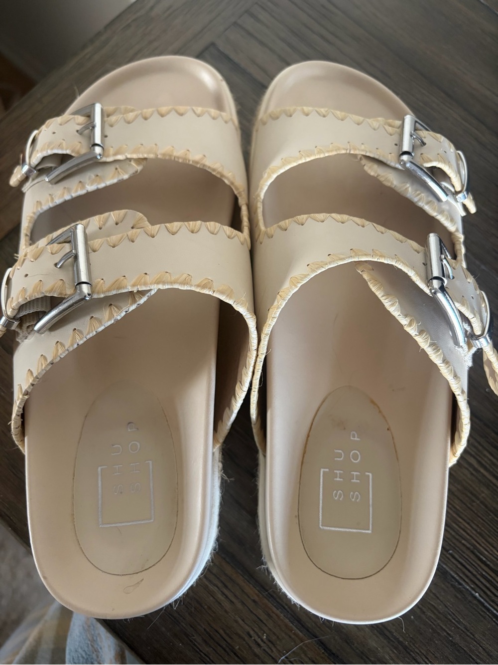 Cream Double-Buckle Slide Sandals